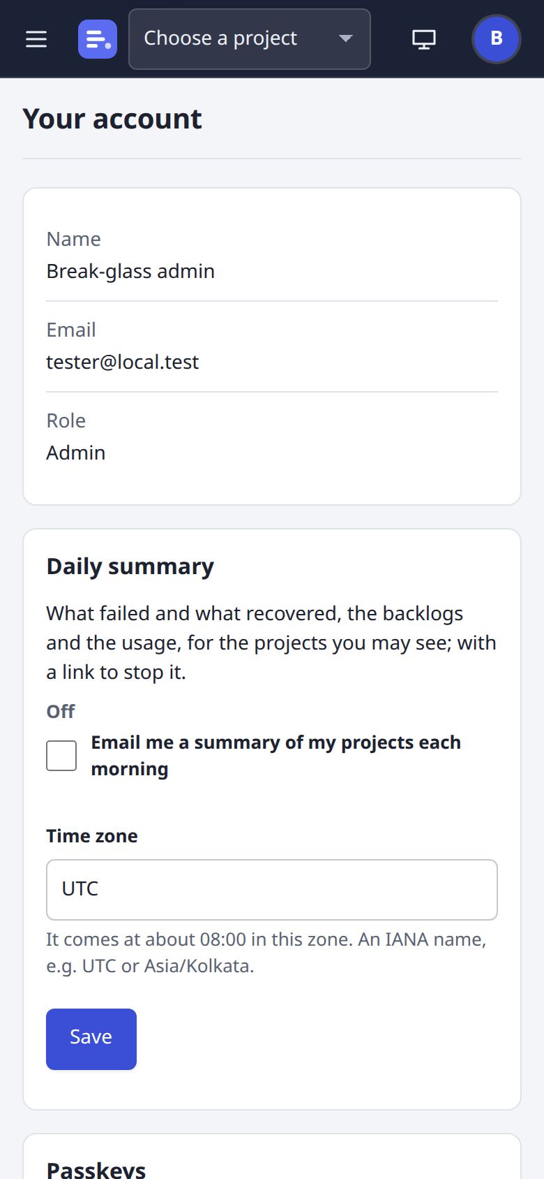 Your account page at phone width