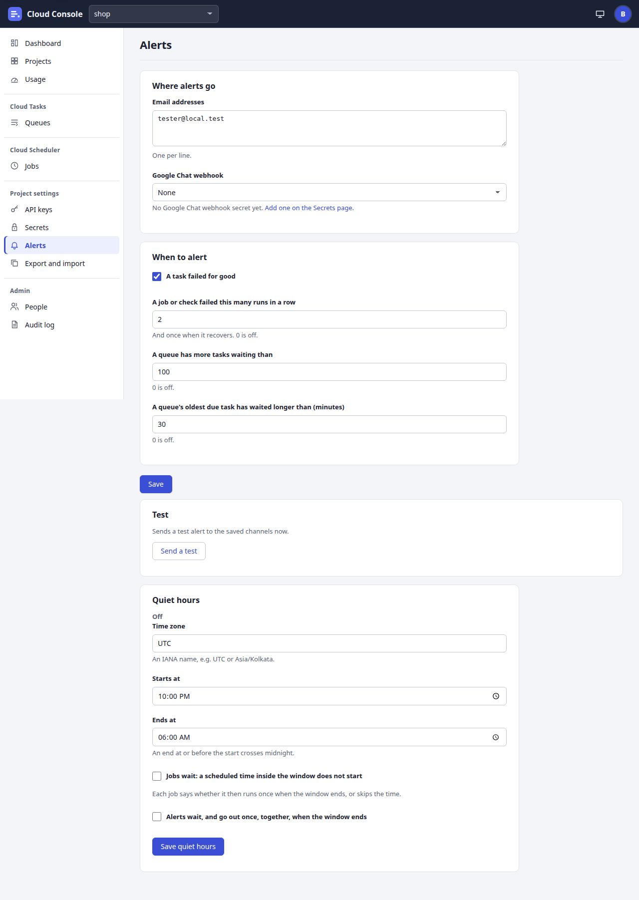 Alerts page at laptop width