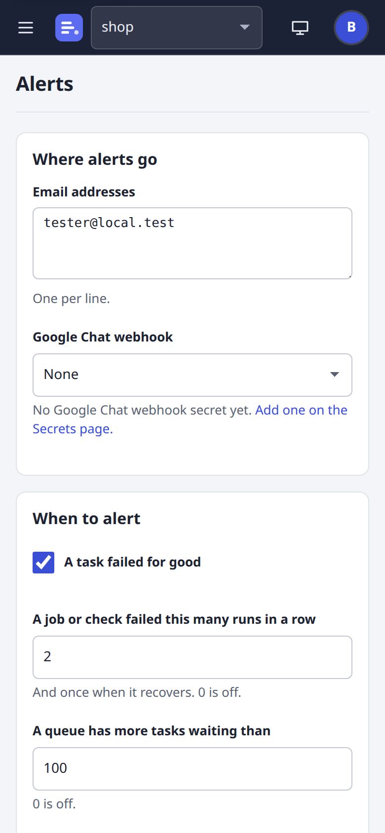 Alerts page at phone width