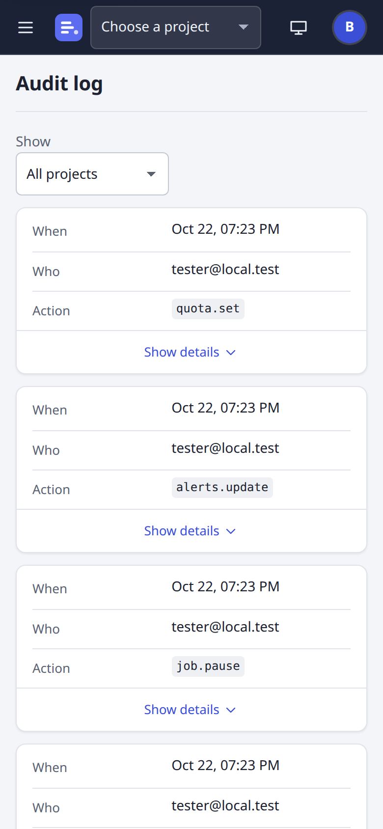 Audit log page at phone width
