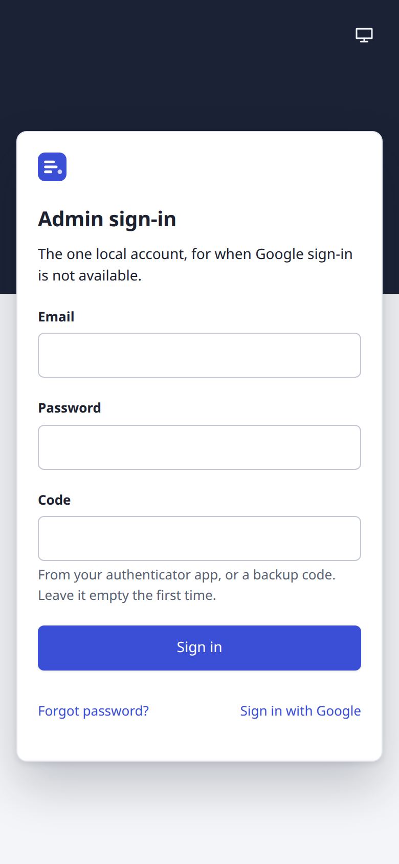 Admin sign-in page at phone width