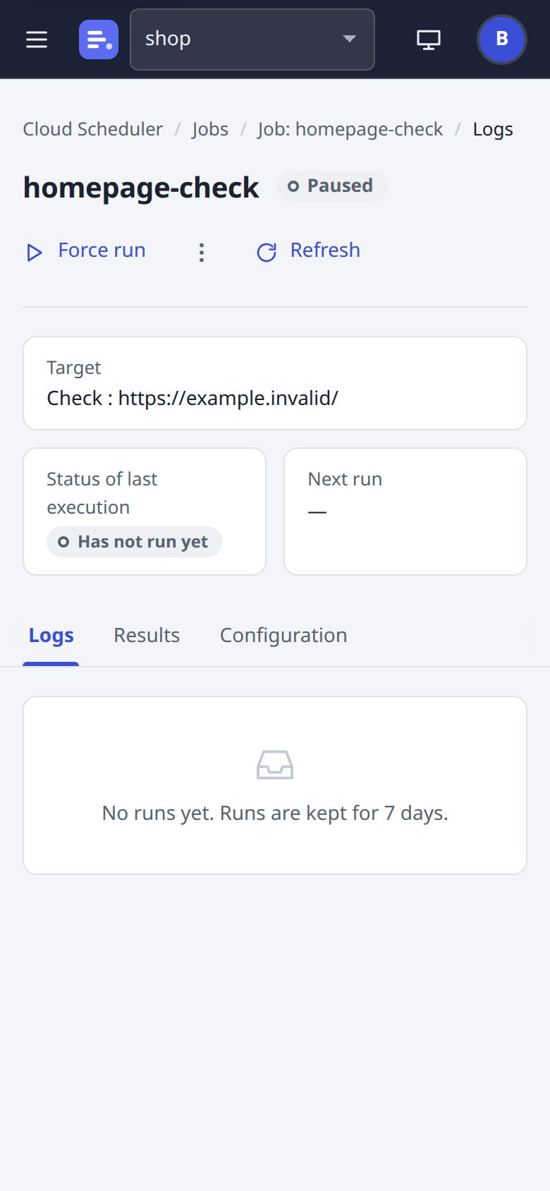 An uptime check page at phone width