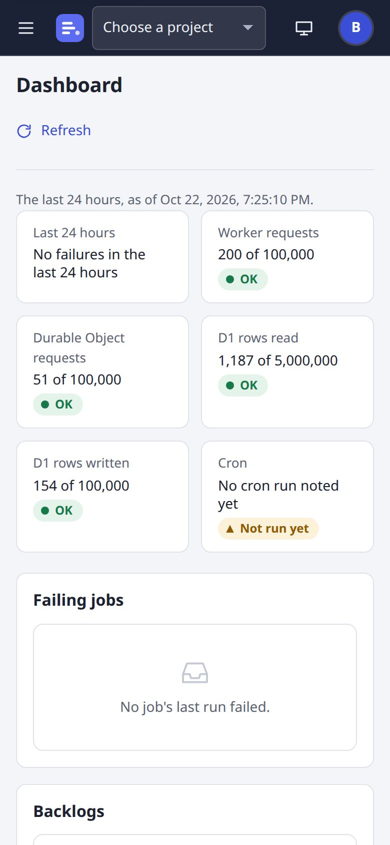 Dashboard page at phone width