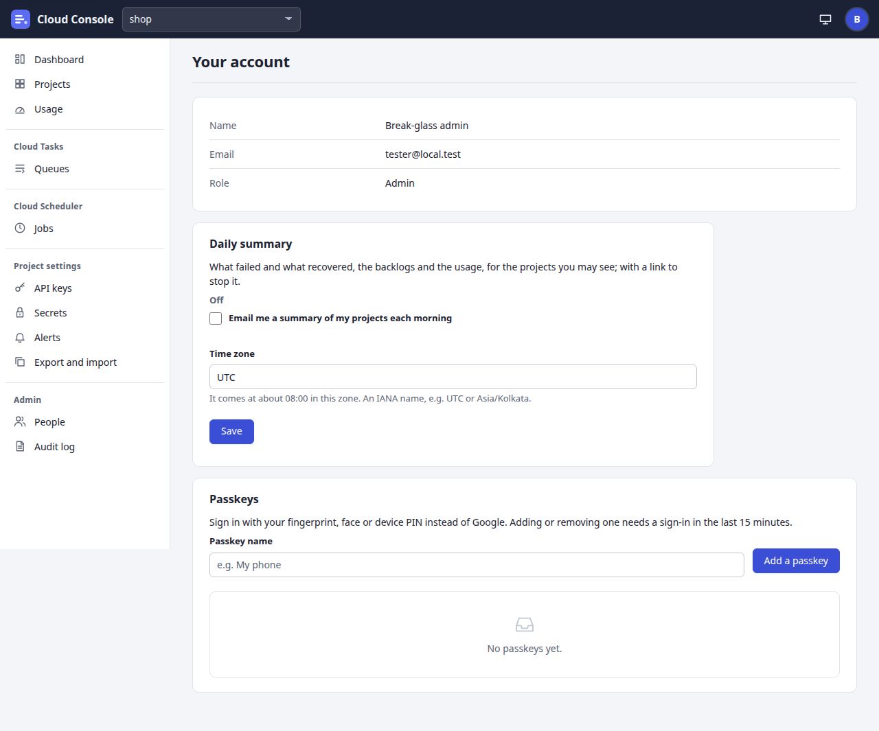 Screenshot of Your account in the demo project shop