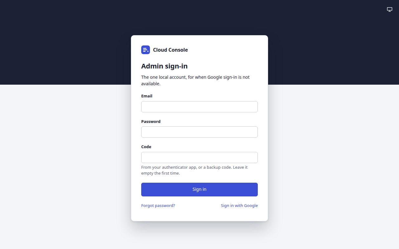 The Admin sign-in card: Email, Password and Code, the Sign in button, Forgot password? and Sign in with Google.