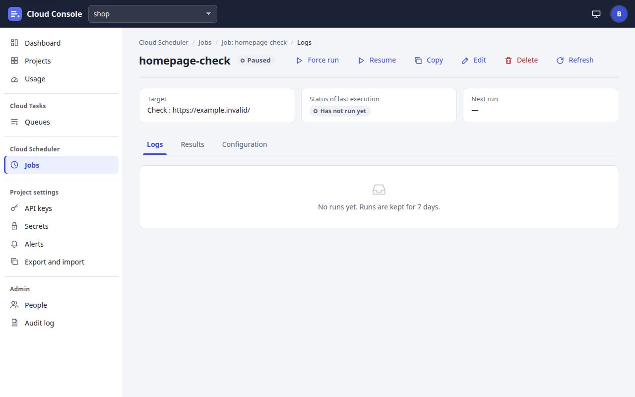Screenshot of Uptime check in the demo project shop