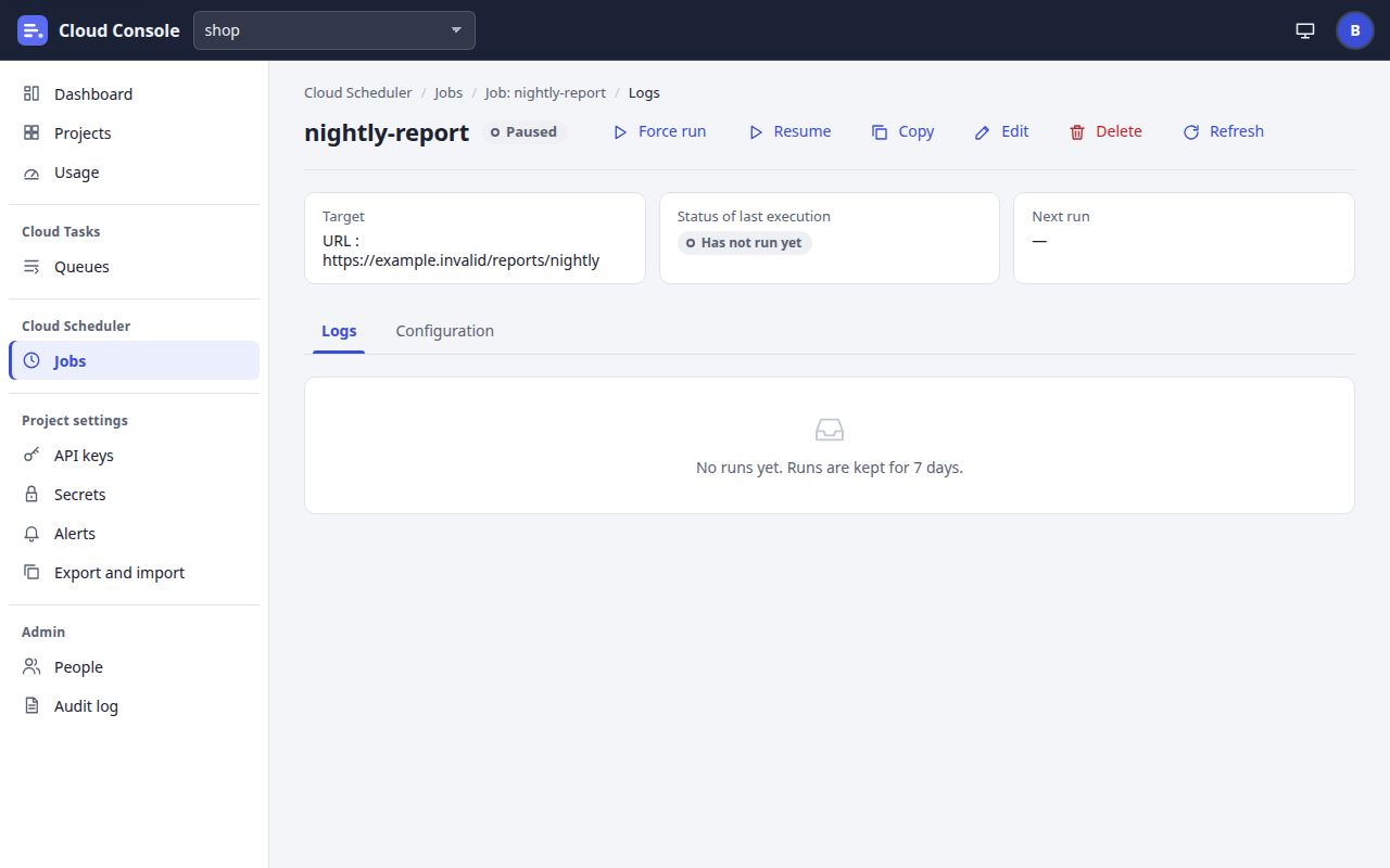 A job's page: its name and state, Force run, Resume, Copy, Edit, Delete and Refresh, then the Logs and Configuration tabs.