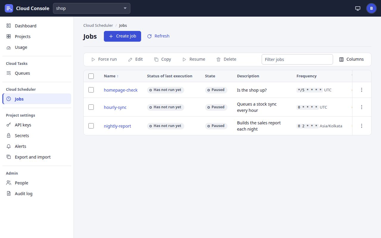 The Jobs list of shop: Create job and Refresh, the toolbar for ticked jobs, the filter and the jobs.