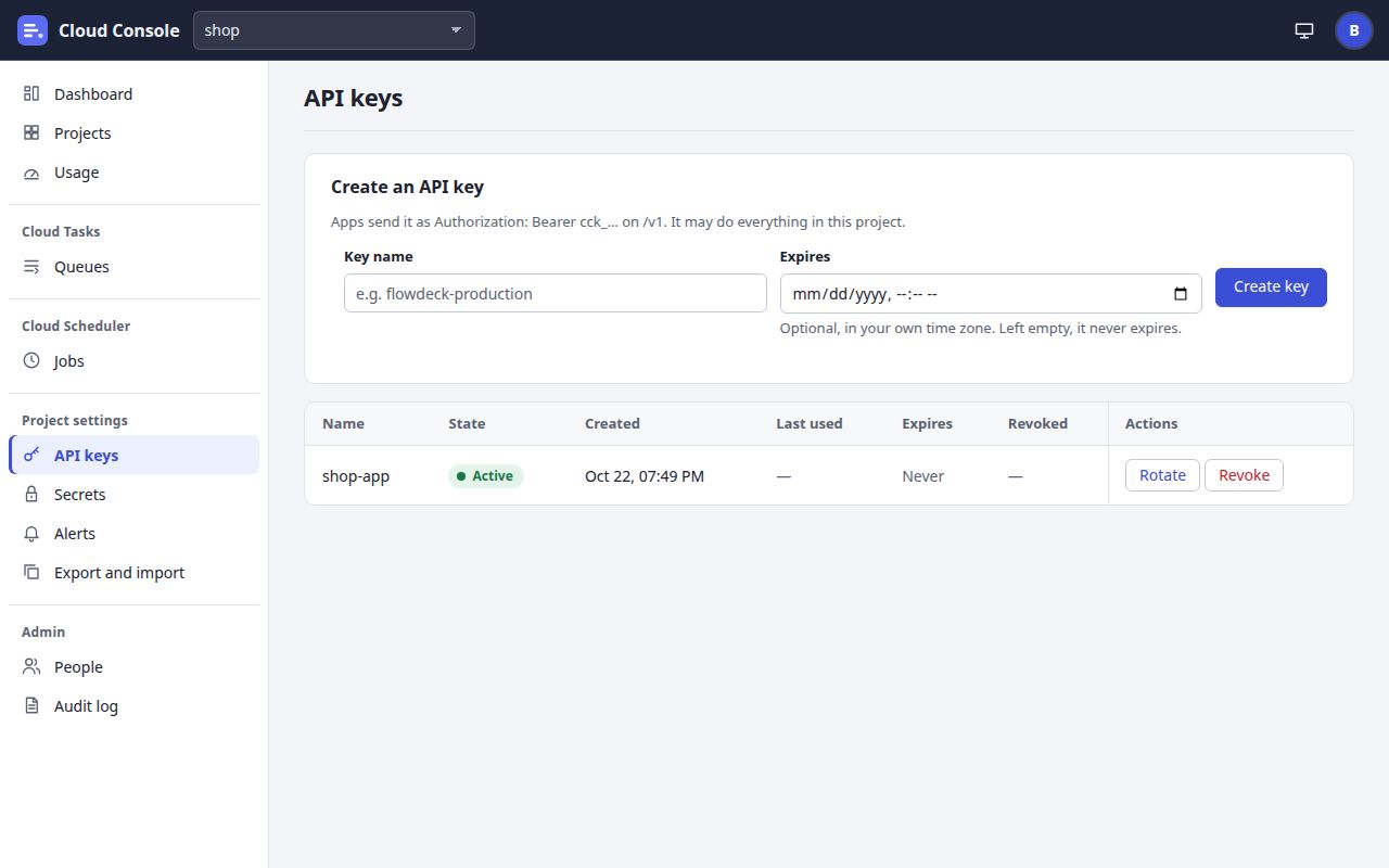 The API keys page: the Create an API key form with Key name, Expires and Create key, and the key shop-app with Rotate and Revoke.