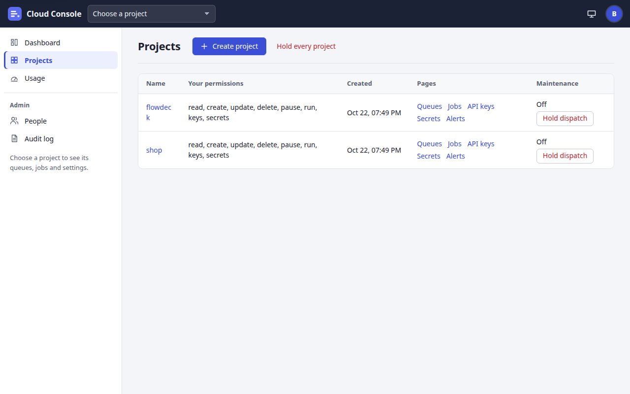 The Projects page: Create project, Hold every project, and a row per project with its permissions, page links and maintenance switch.