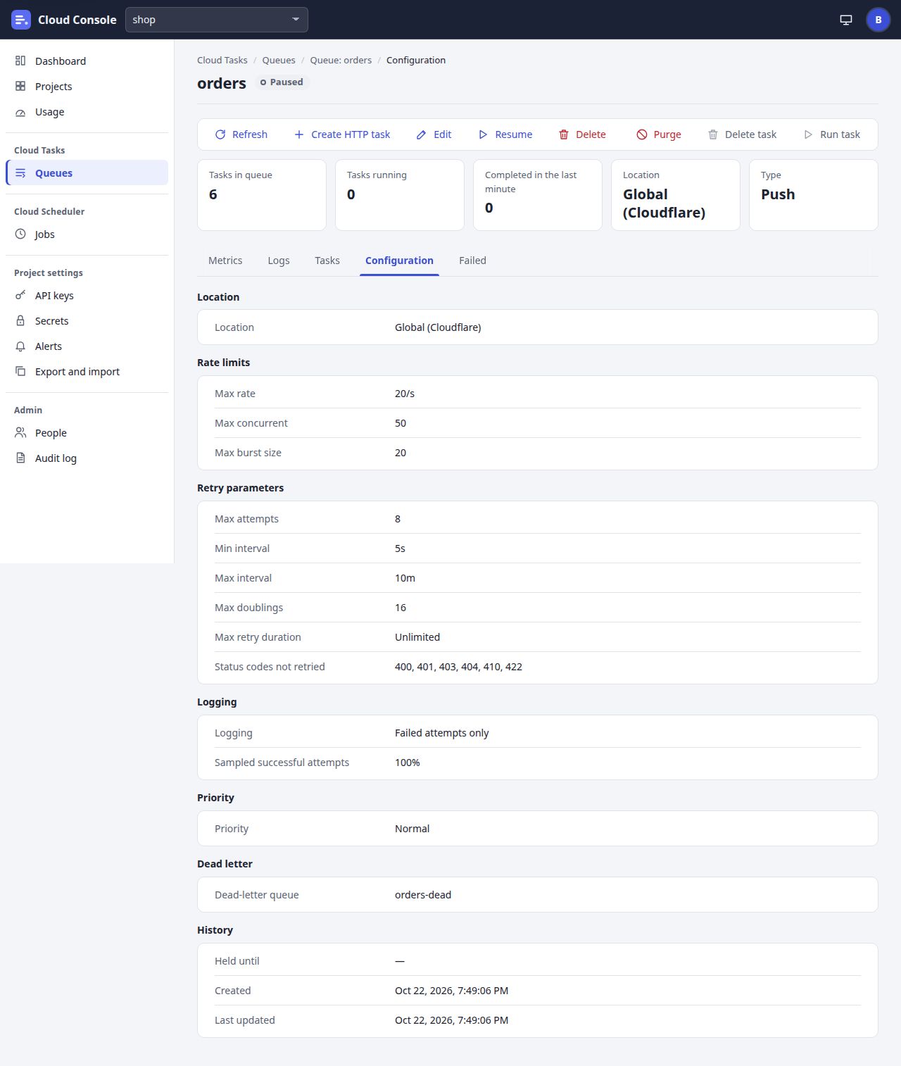 The queue orders on its Configuration tab: Location, Rate limits, Retry parameters, Logging, Priority, Dead letter and History.