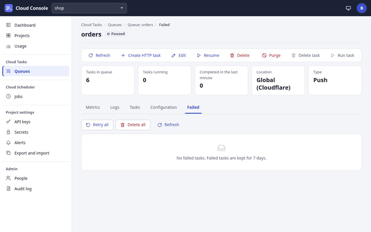 Screenshot of Failed tasks in the demo project shop