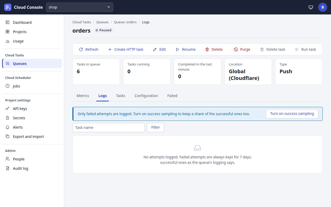 Screenshot of Queue logs in the demo project shop