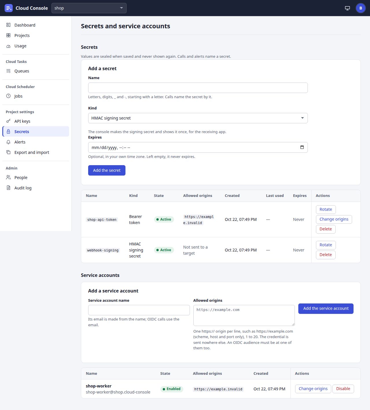The Secrets page: Add a secret, the secrets shop-api-token and webhook-signing, Add a service account, and the account shop-worker.