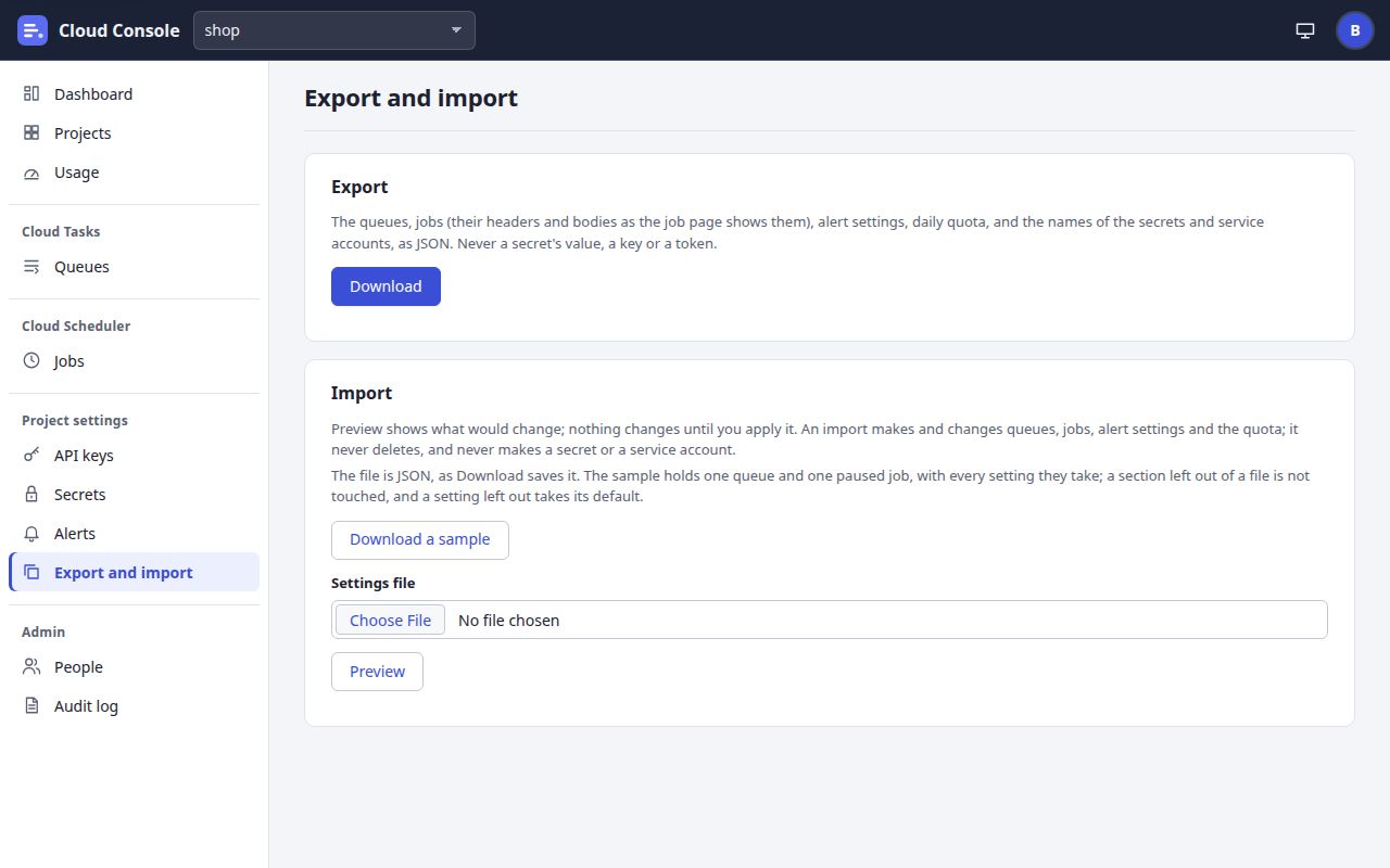 Export and import: Export with Download; Import with Download a sample, the Settings file chooser and Preview.