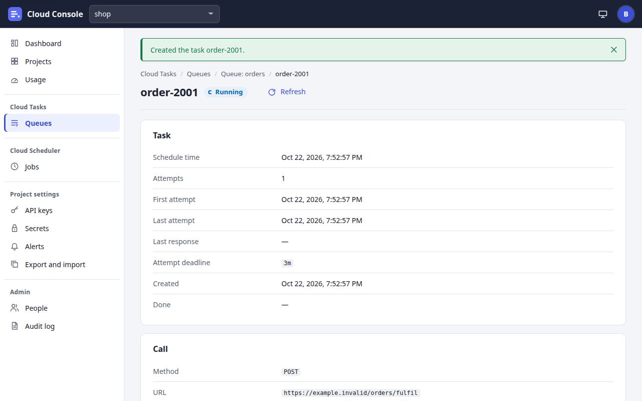 The new task's page, with the green notice Created the task order-2001.