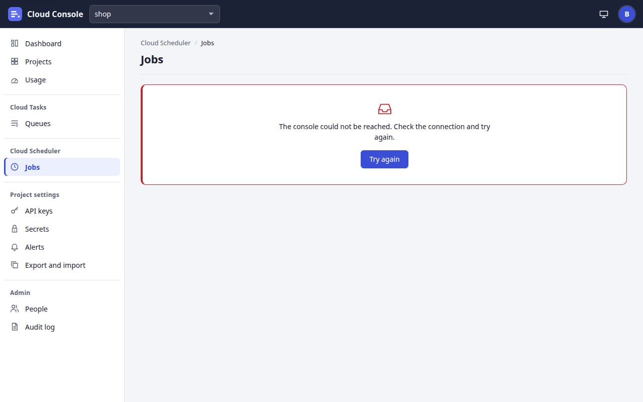 In place of the jobs list, a box with a red bar: The console could not be reached. Check the connection and try again. Try again.