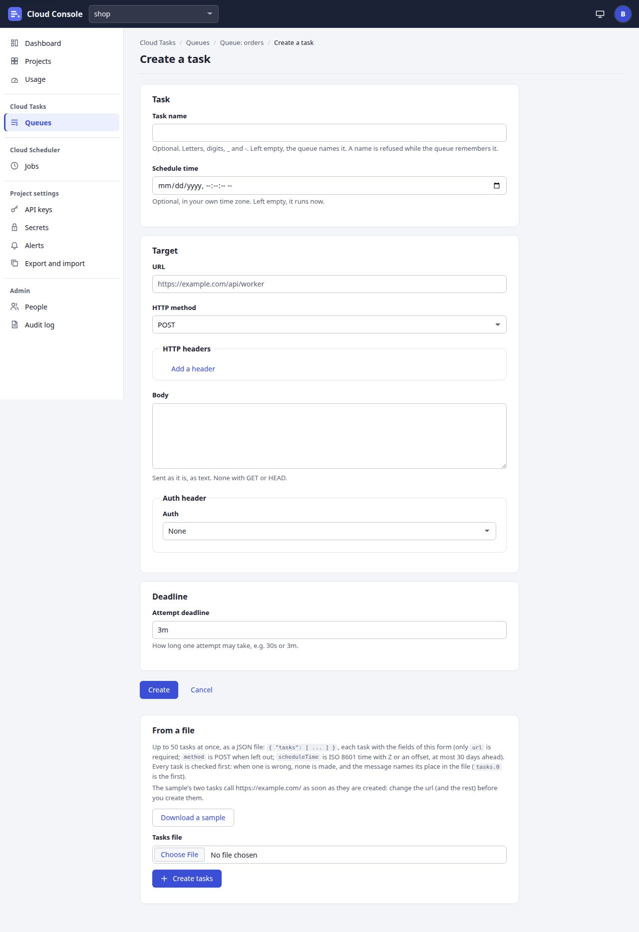 Create a task: the Task panel with Task name and Schedule time, then Target with URL and HTTP method.