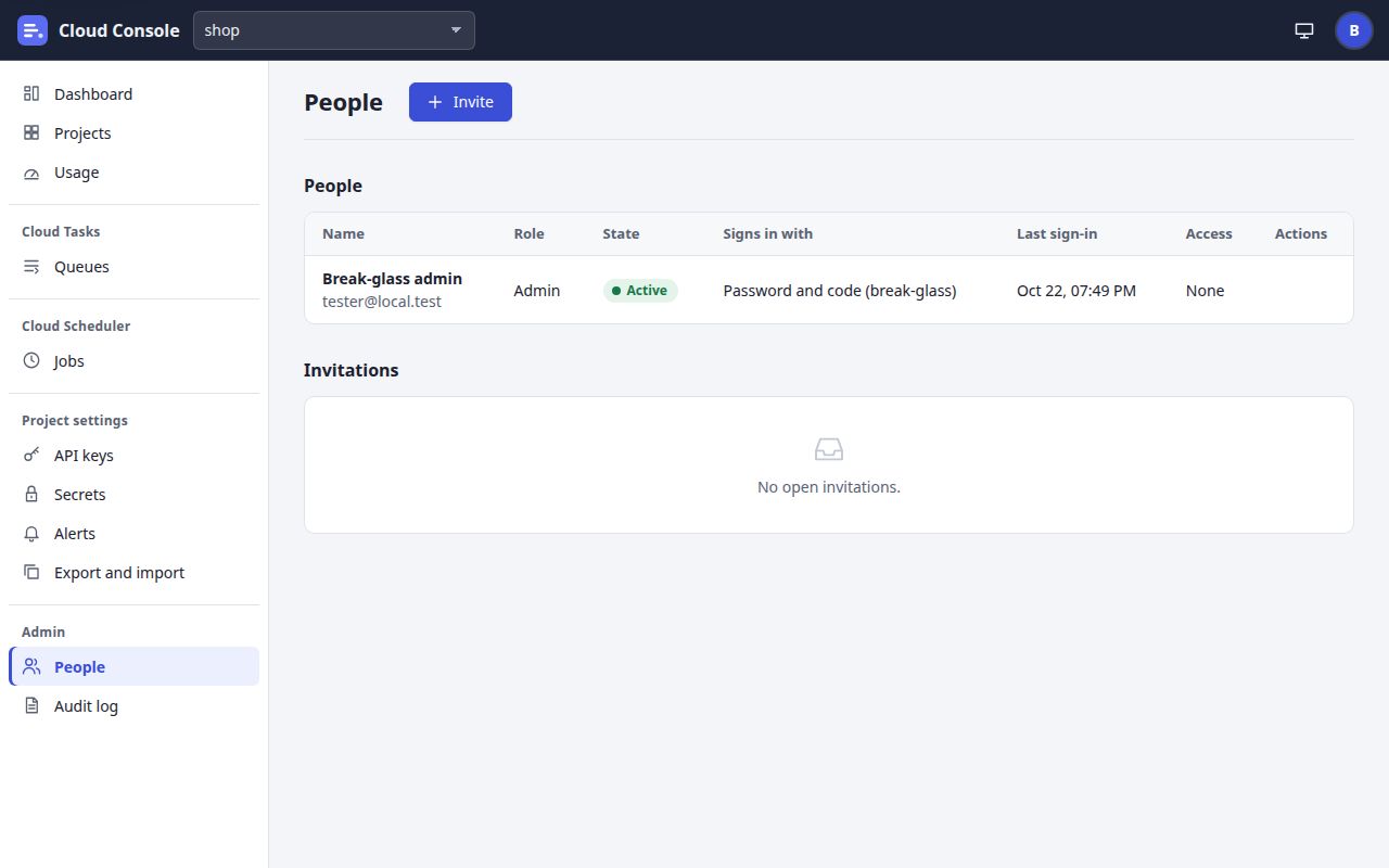 The People page: Invite, the break-glass admin with no actions, and no open invitations.