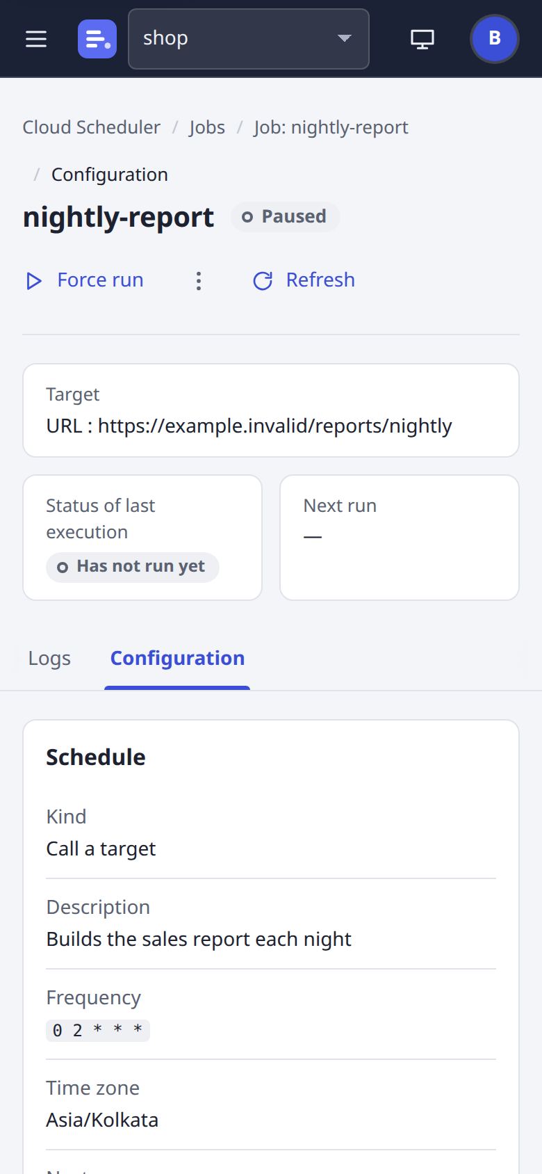 A job: Configuration page at phone width