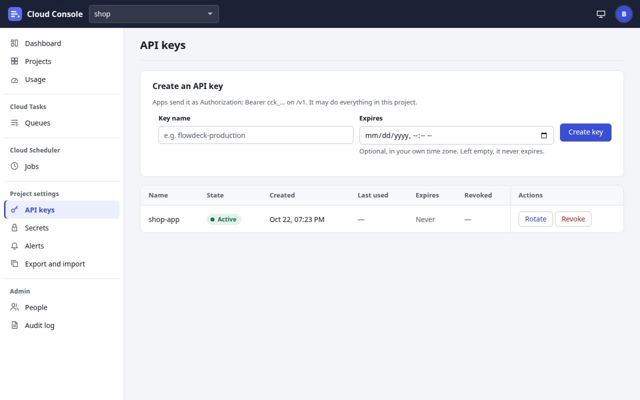API keys page at laptop width