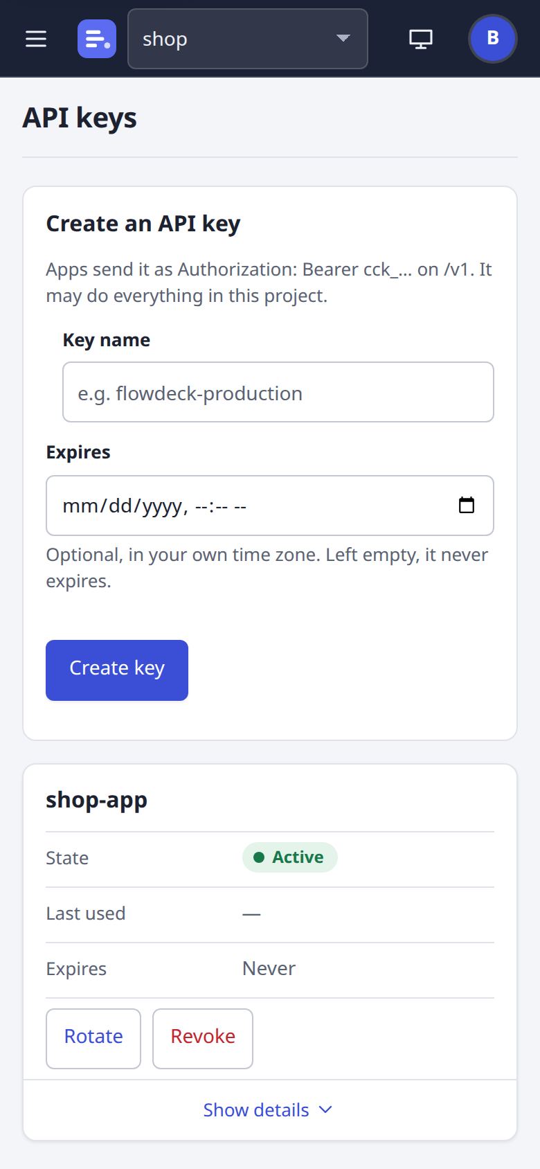 API keys page at phone width