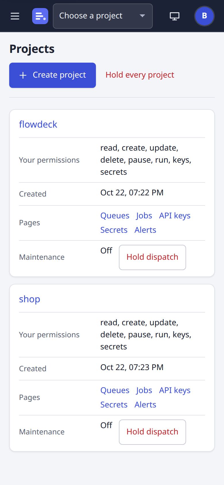 Projects page at phone width
