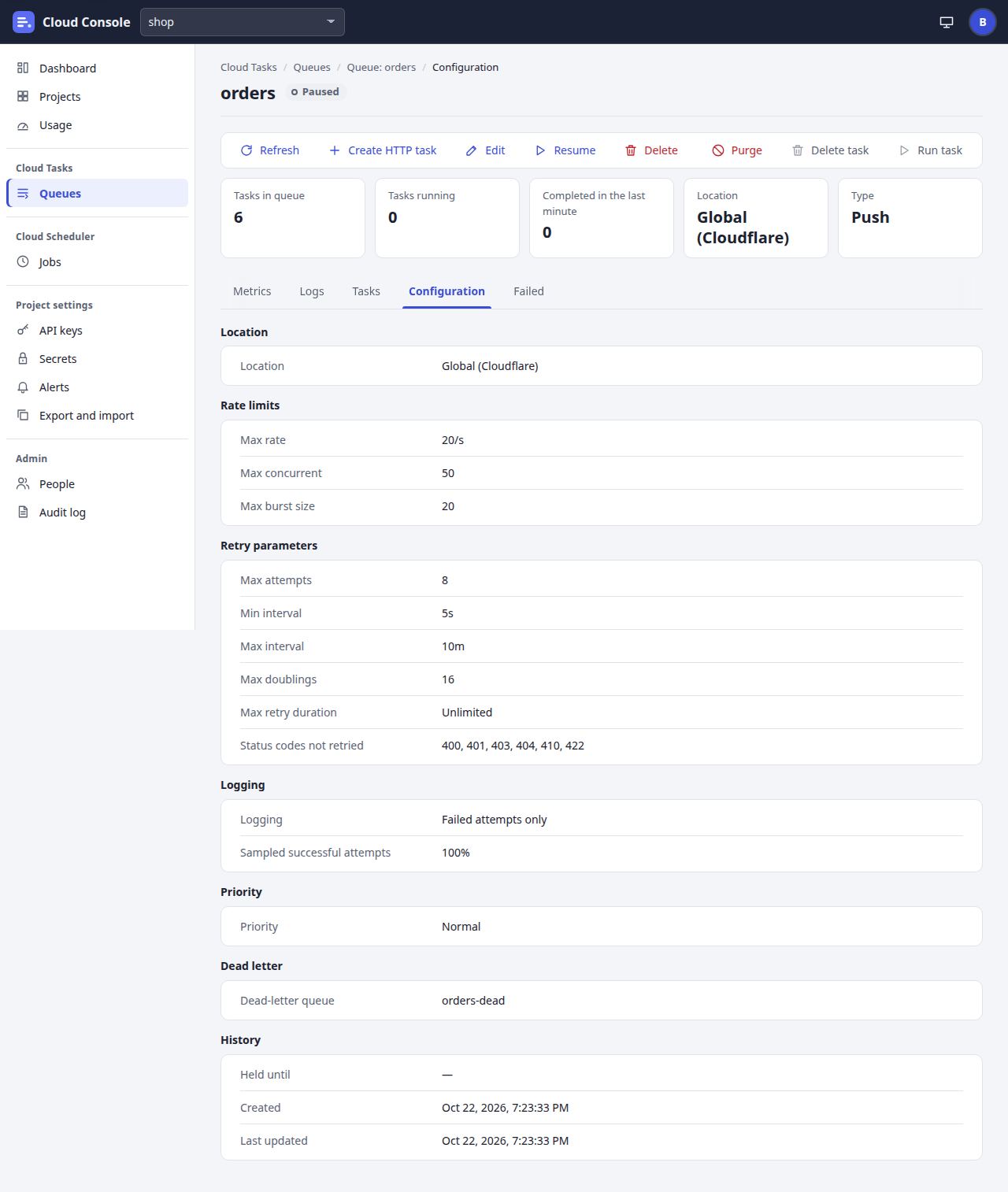 A queue: Configuration page at laptop width