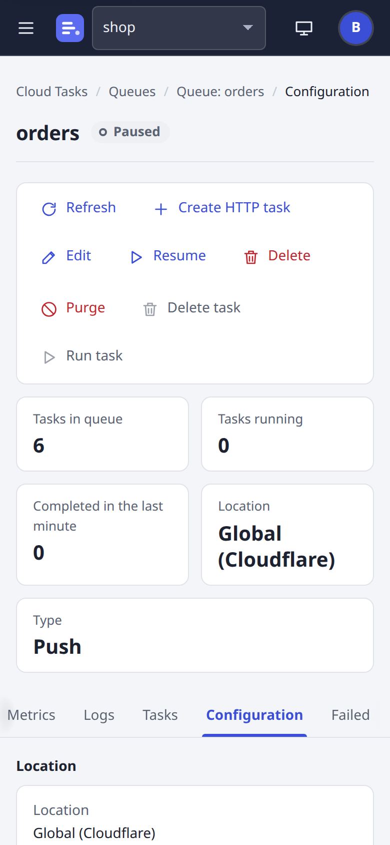A queue: Configuration page at phone width