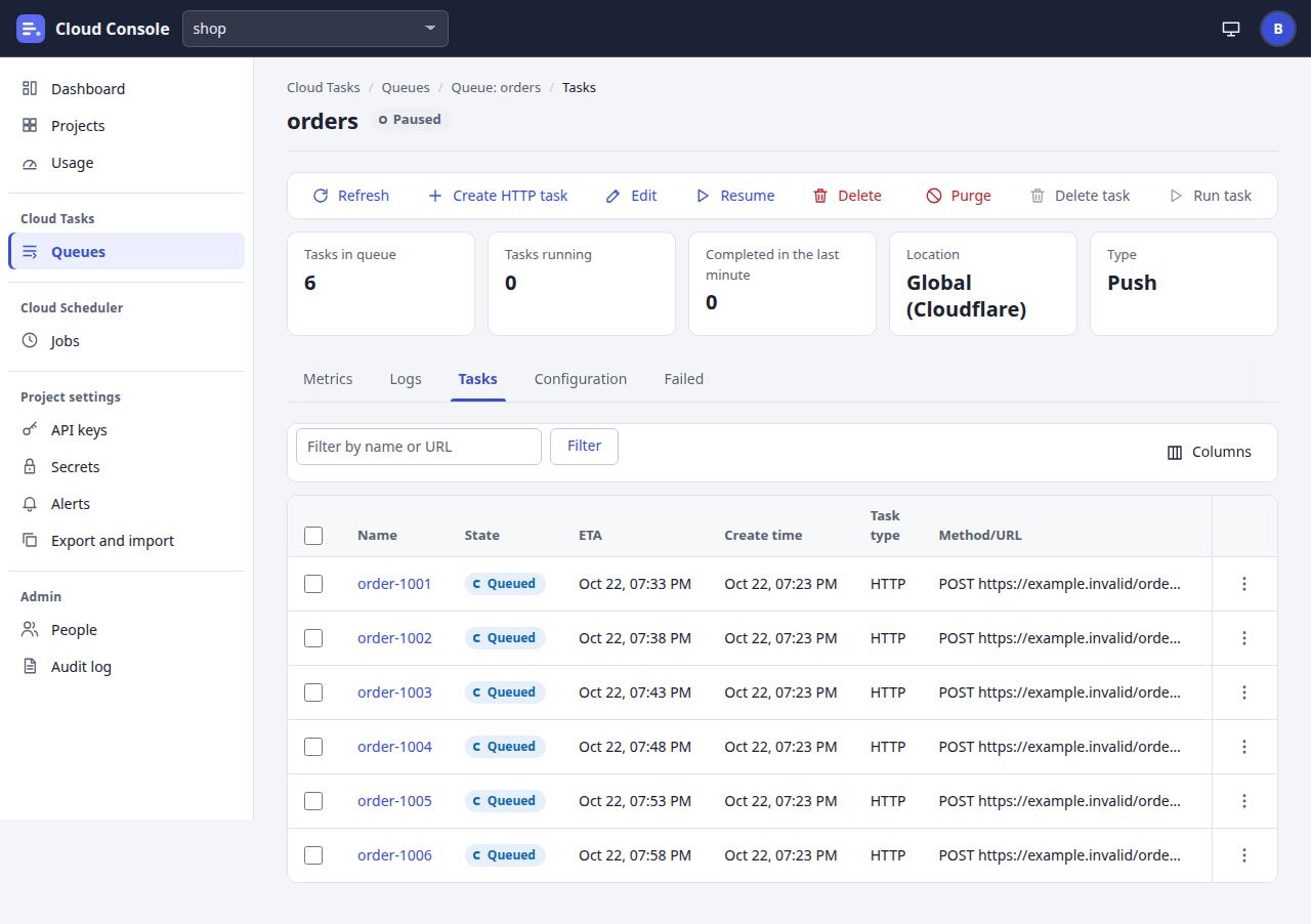 A queue: Tasks page at laptop width