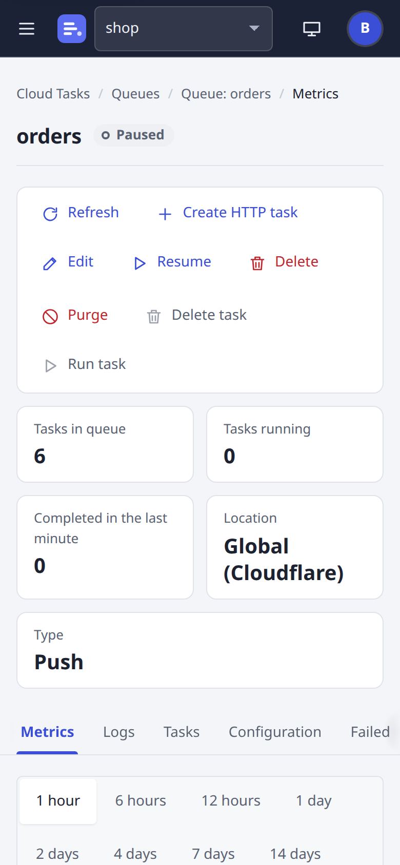 A queue: Metrics page at phone width