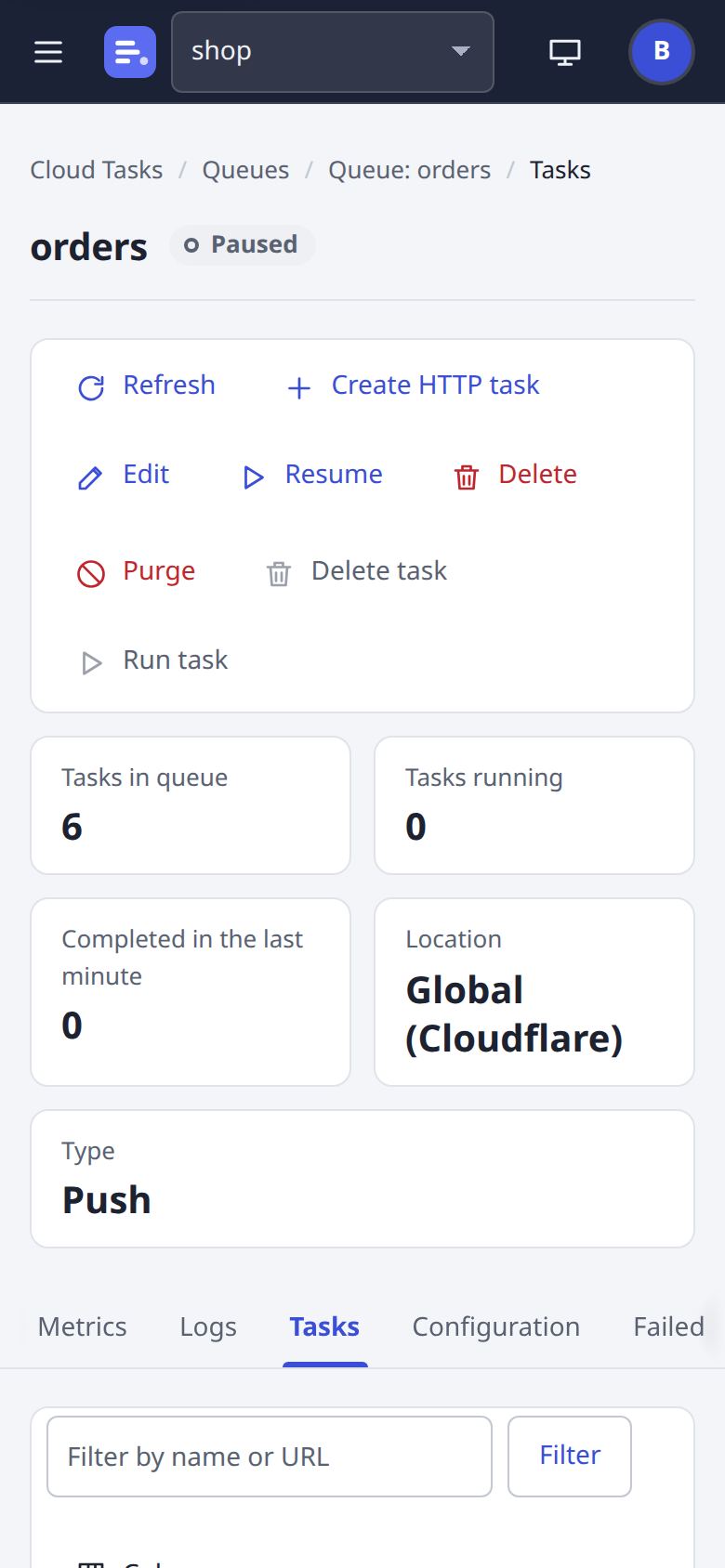 A queue: Tasks page at phone width