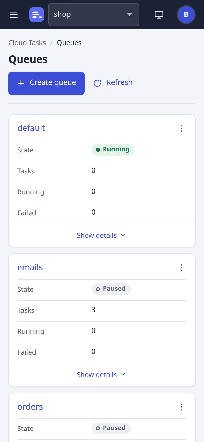 Queues page at phone width