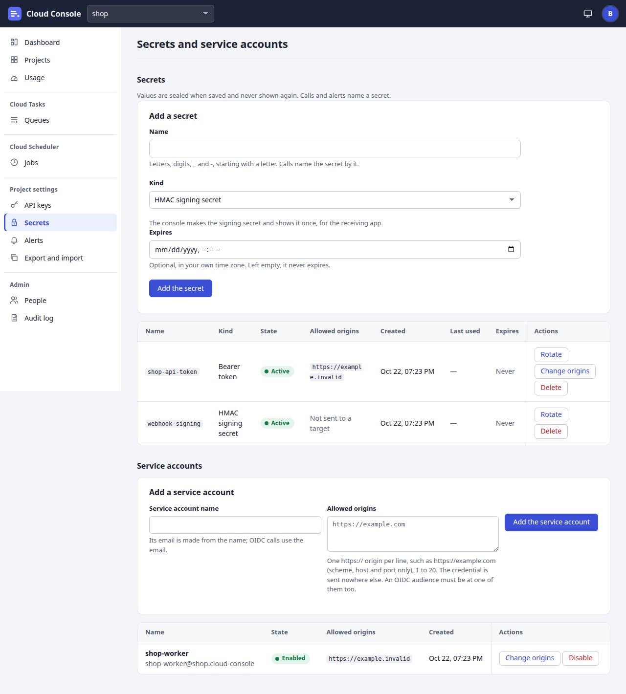Secrets and service accounts page at laptop width