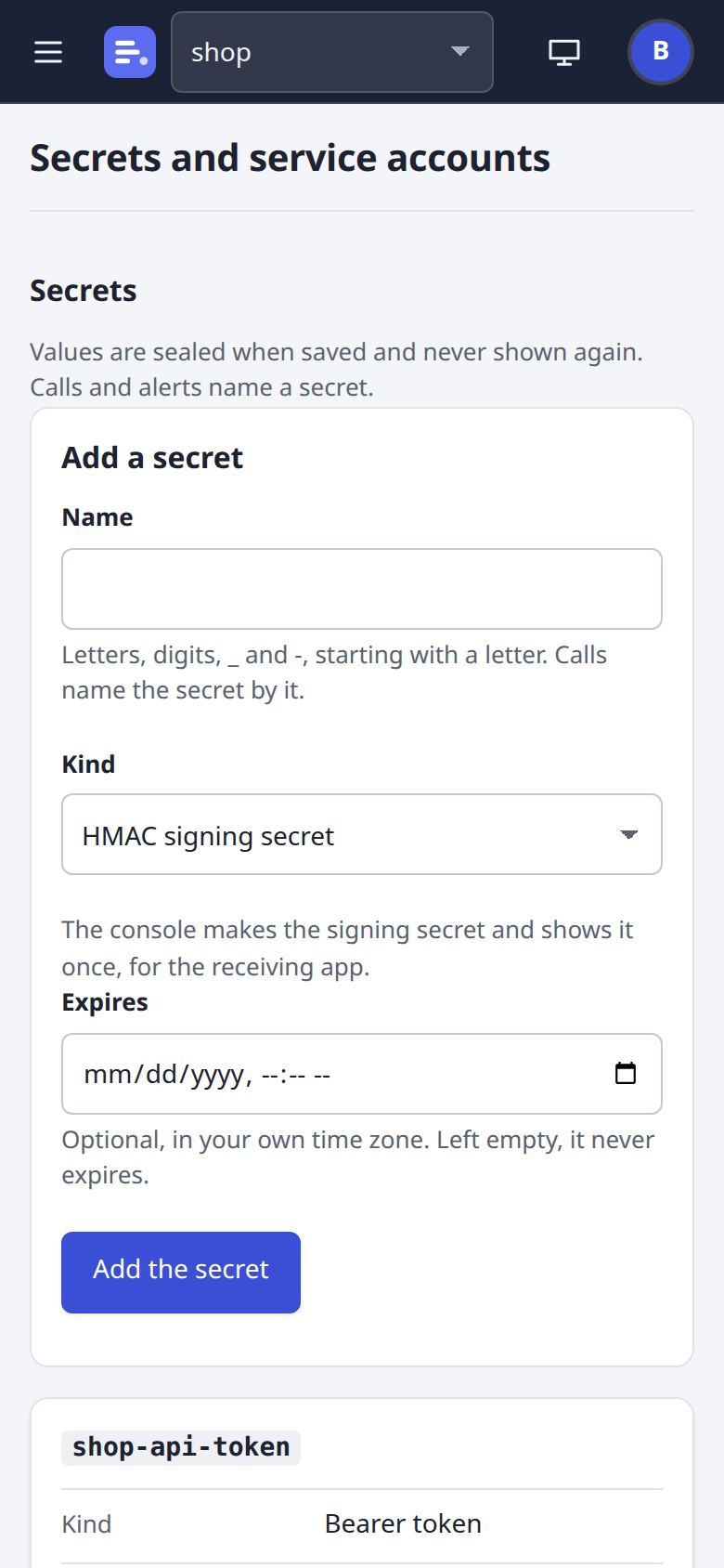 Secrets and service accounts page at phone width