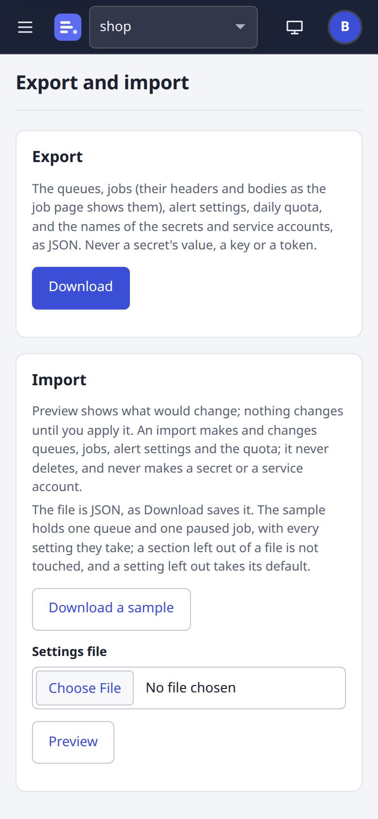 Export and import page at phone width