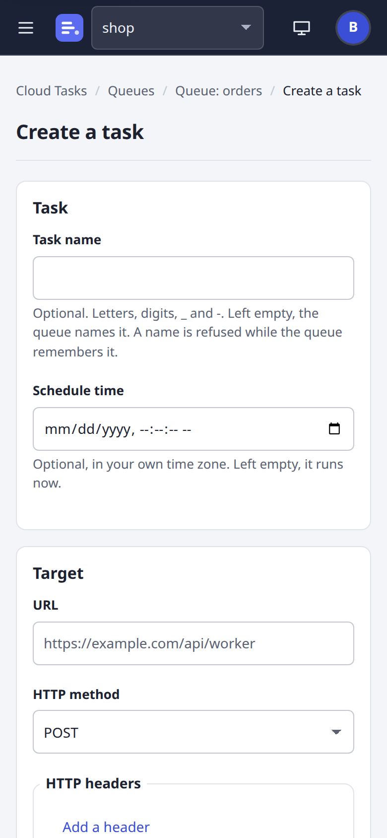 Create a task page at phone width
