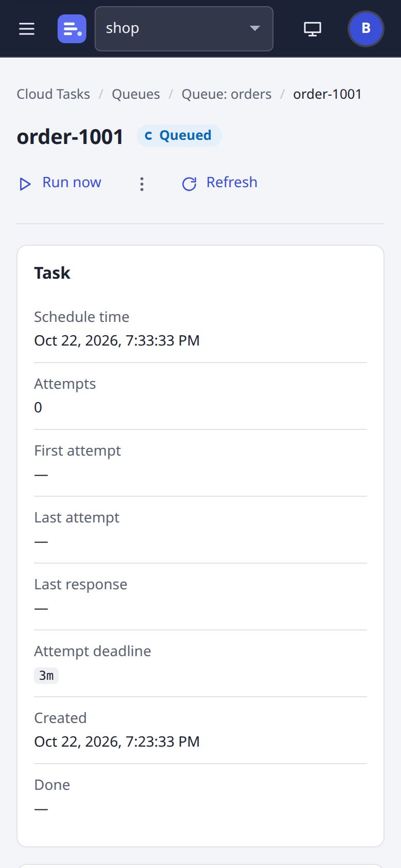 A task page at phone width