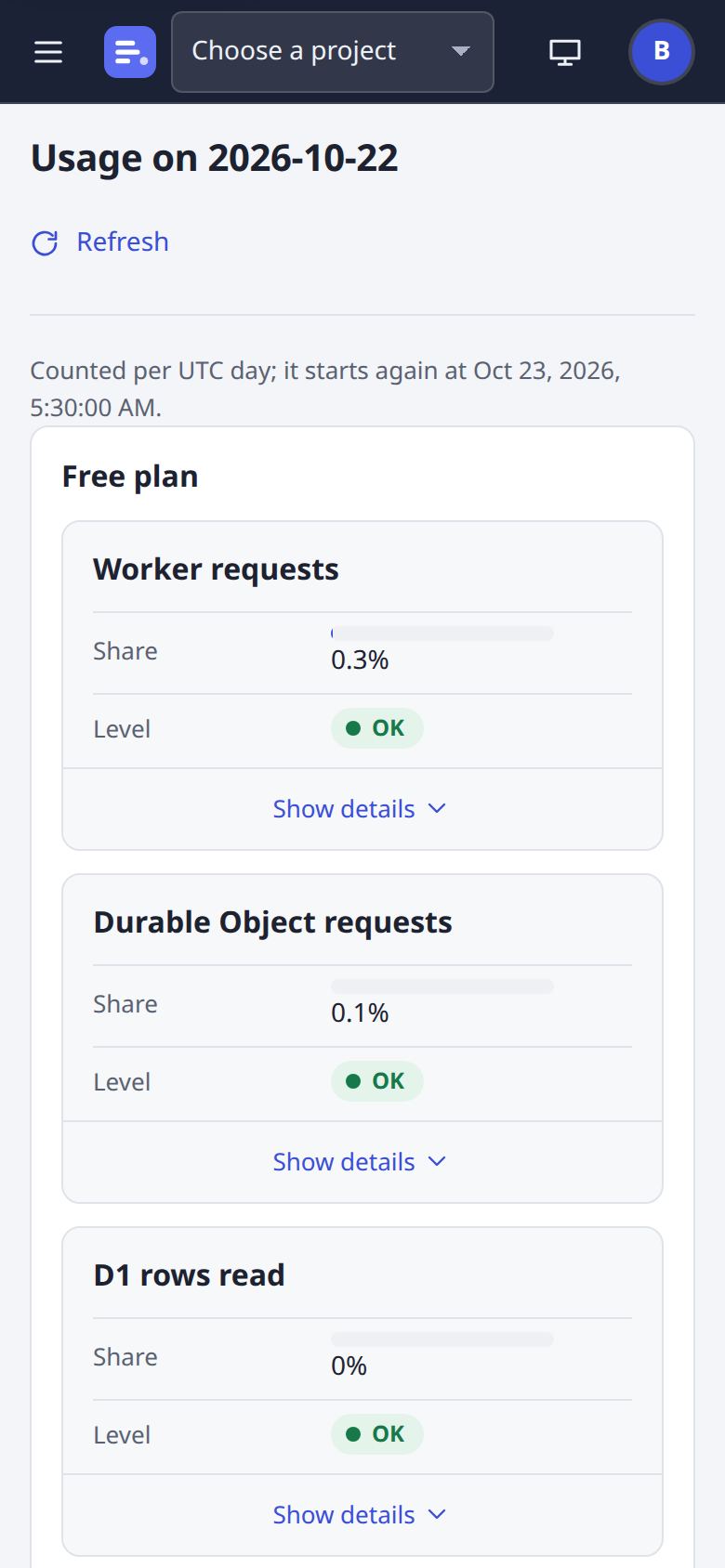 Usage page at phone width